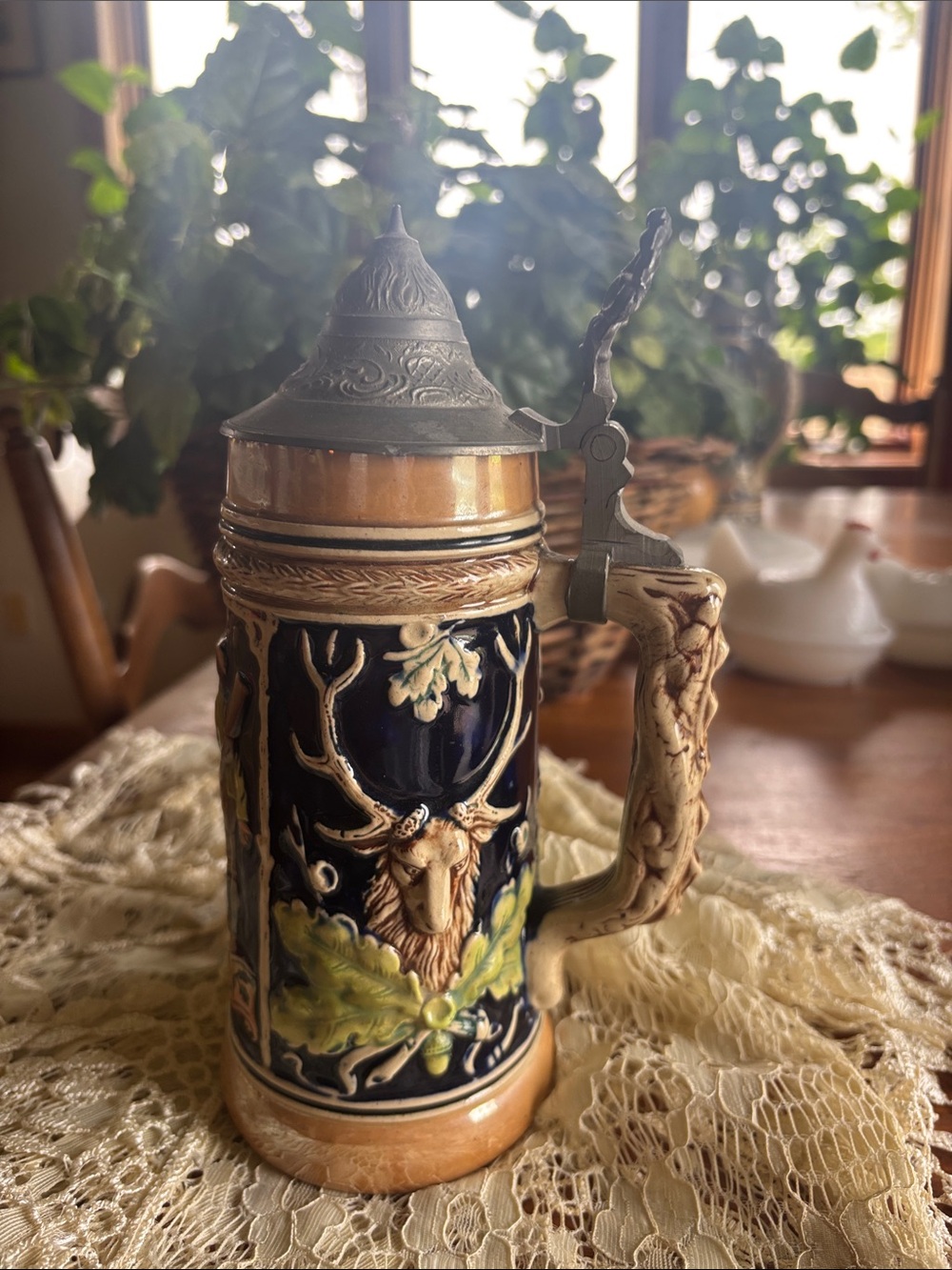 Antique-Style Ceramic Beer Stein with Stag Relief - Navy & Tan